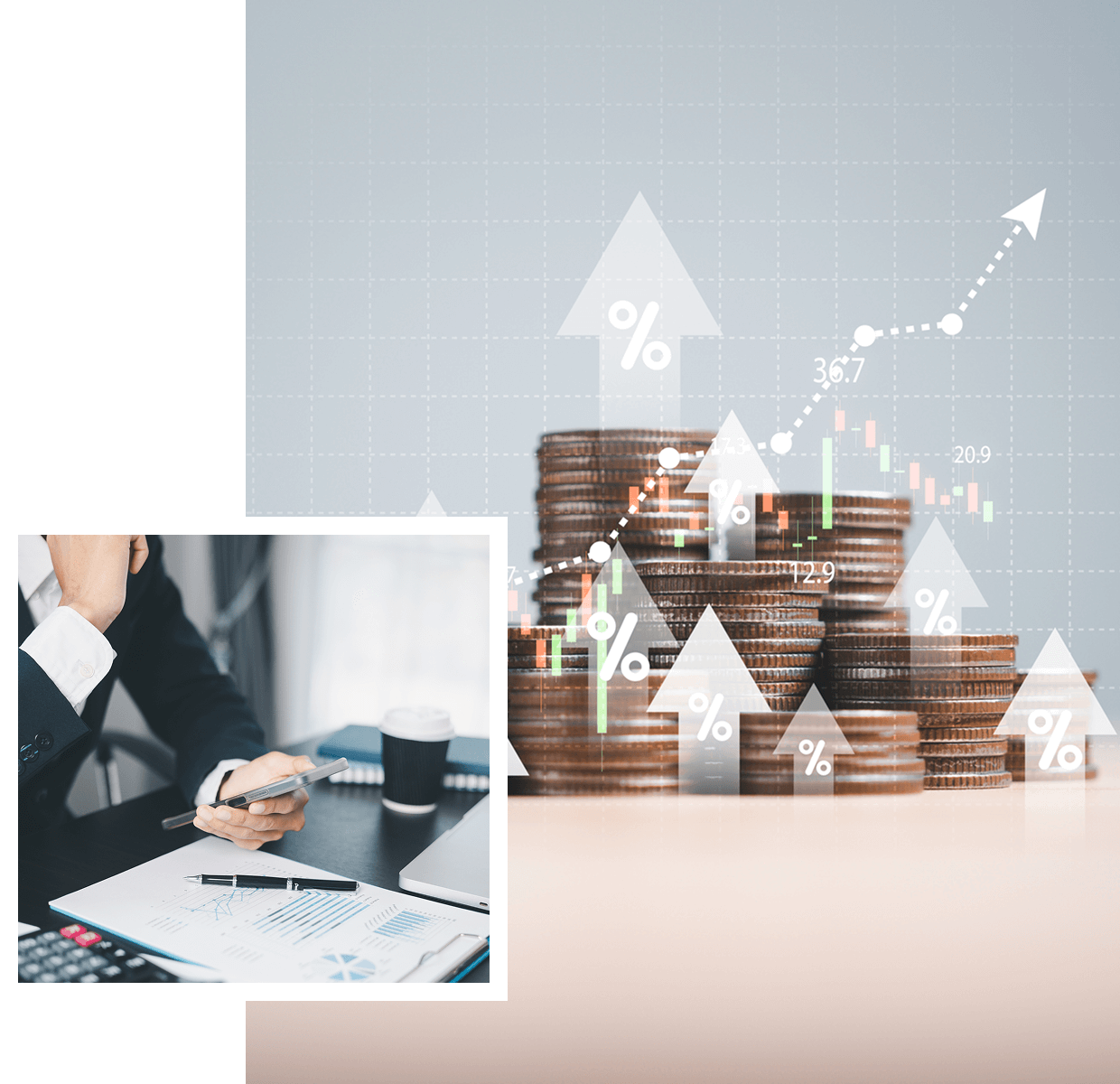 Coins with financial growth arrows and graphs.